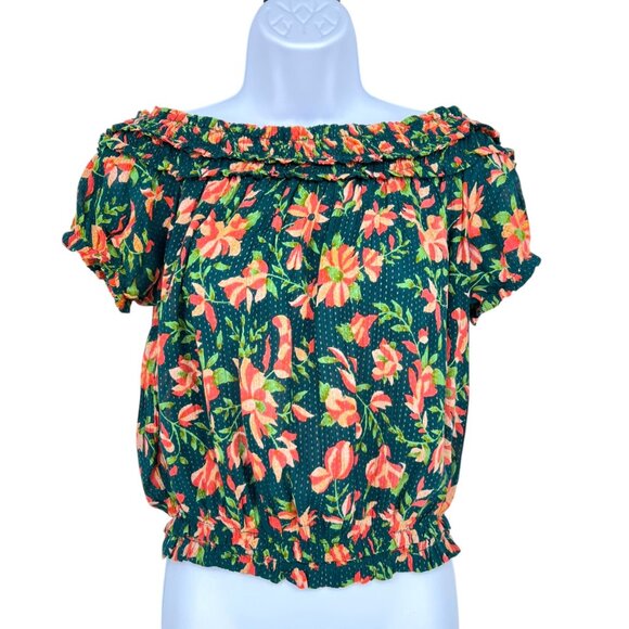 Free People Suki Floral Off-The-Shoulder Blouse Blue Green Size XS - Picture 1 of 10